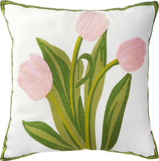 Embroidered Boho Floral Pillow Covers 18x18 Inch Linen Spring Decorative Throw Pillow Cases for Living Room Couch Sofa Bed Home Decor (Pink)