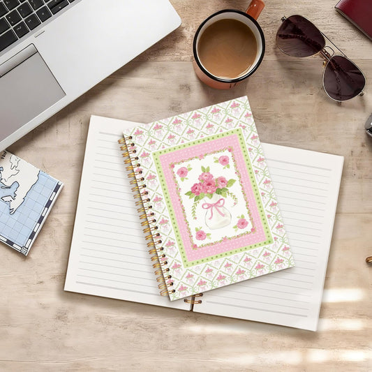 Coquette Pink Bow Floral Notebook Journal, Grandmillennial Pink and Green Cottagecore Botanical Flower Aesthetic Spiral Hardcover Notebook Journal for School Office Work, 5.5x8.3 Inch