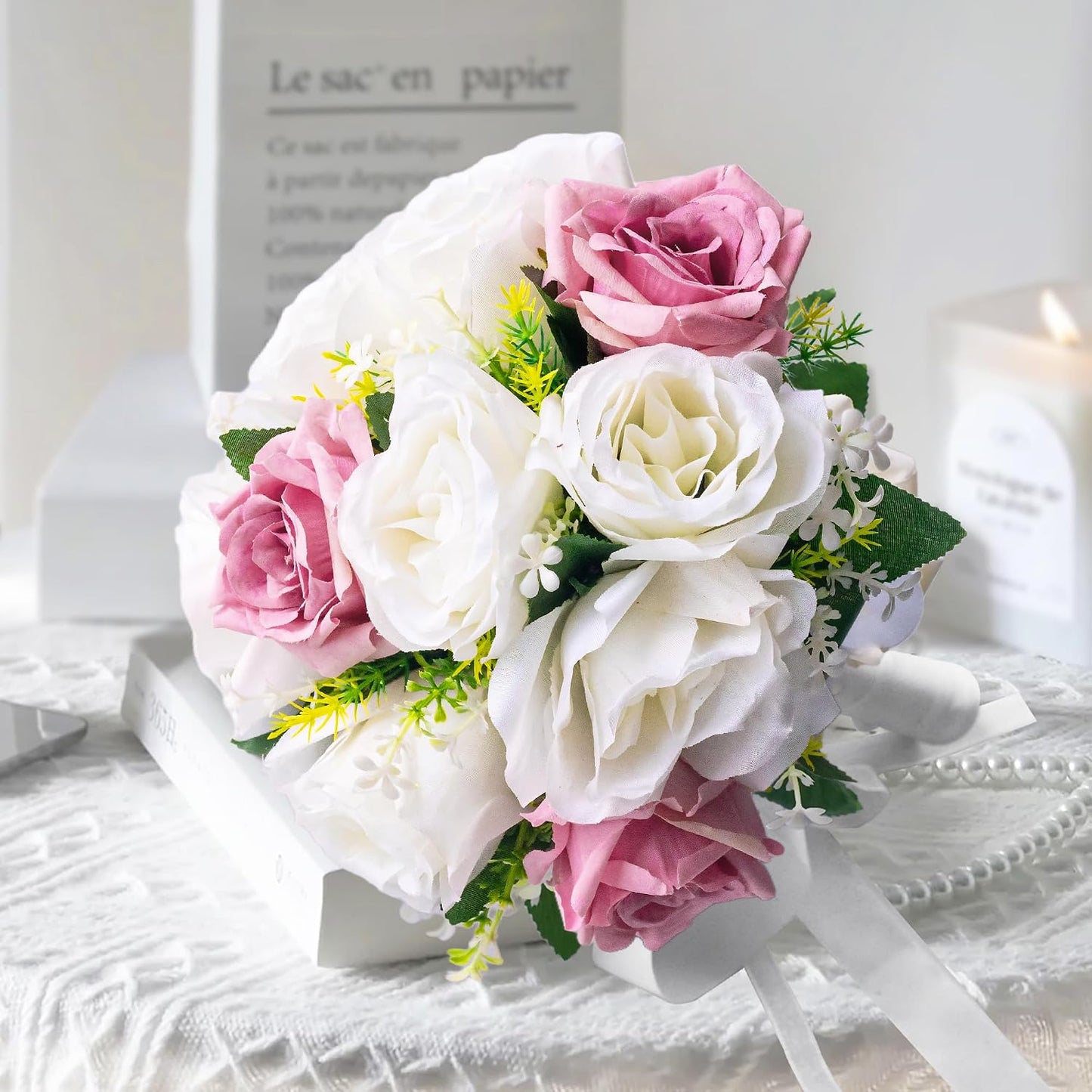 Wedding Bouquets for Bride - Realistic Silk Flowers Artificial Roses, 8 Inch Bridesmaid Bouquet for Ceremony, Church, Anniversary, and Home Decoration (White & Pink)