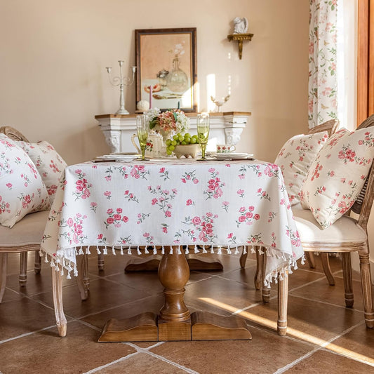 VClife White and Pink Print Table Cloth, Linen Texture Tablecloth for Rectangle Tables, Shabby Chic Vintage Flower Leaves Table Cover for 6-8 Seaters Decorative Fabric Furniture Protector, 60" x 84"