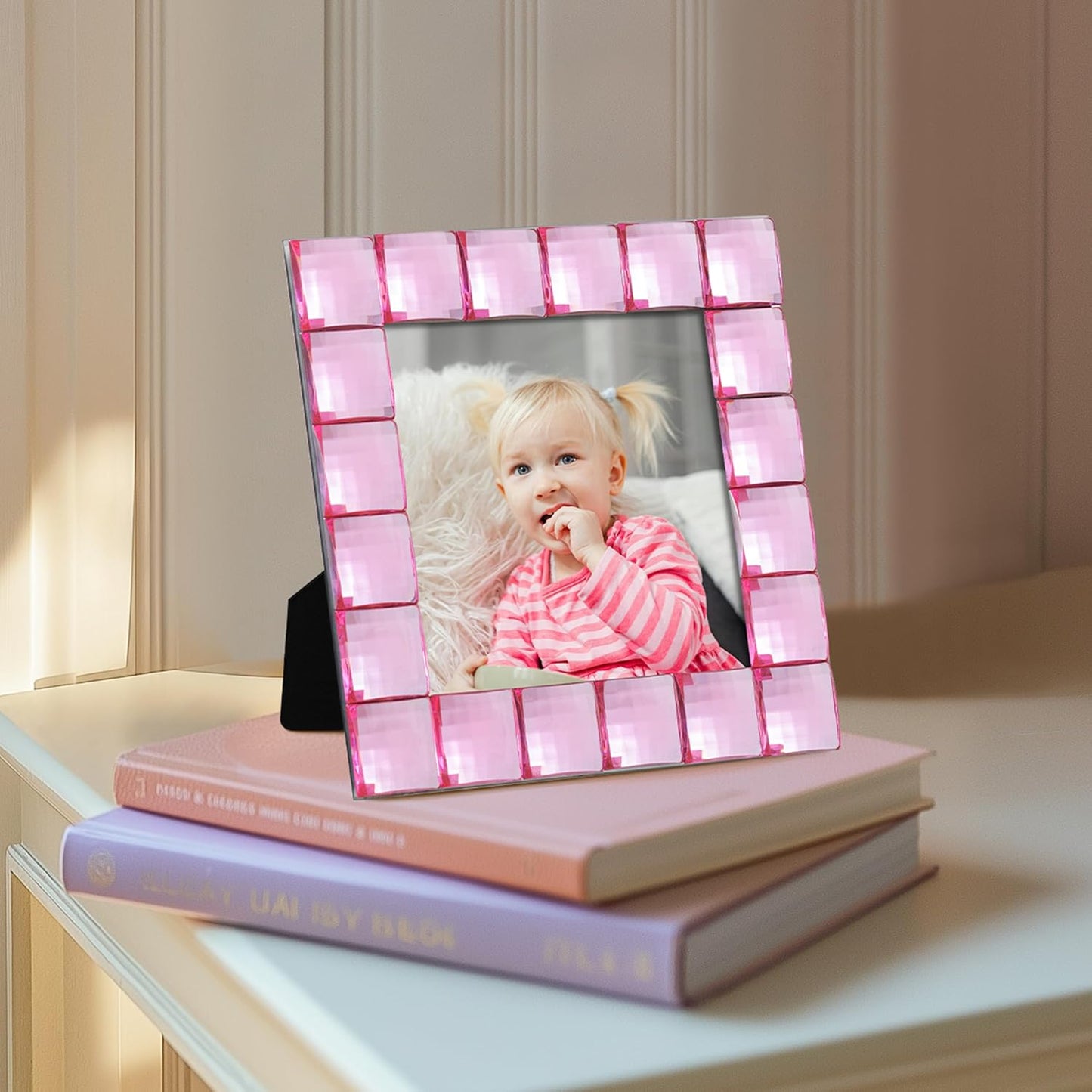 eletecpro 4x4 Cute Jewel Picture Frame with Real Glass and Pink Acrylic Adorned, Kids Room Decor Display Square Photos for Wall Mounting and Tabletop, Set of 2