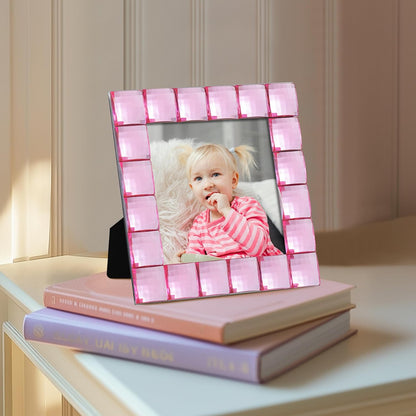 eletecpro 4x4 Cute Jewel Picture Frame with Real Glass and Pink Acrylic Adorned, Kids Room Decor Display Square Photos for Wall Mounting and Tabletop, Set of 2