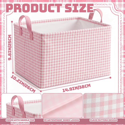Hushee Pink Checkered Storage Basket Collapsible Gingham Organizer Rectangular Bin with Handles for Home Office Bathroom Bedroom Pet Toy Storage Modern Farmhouse Decor