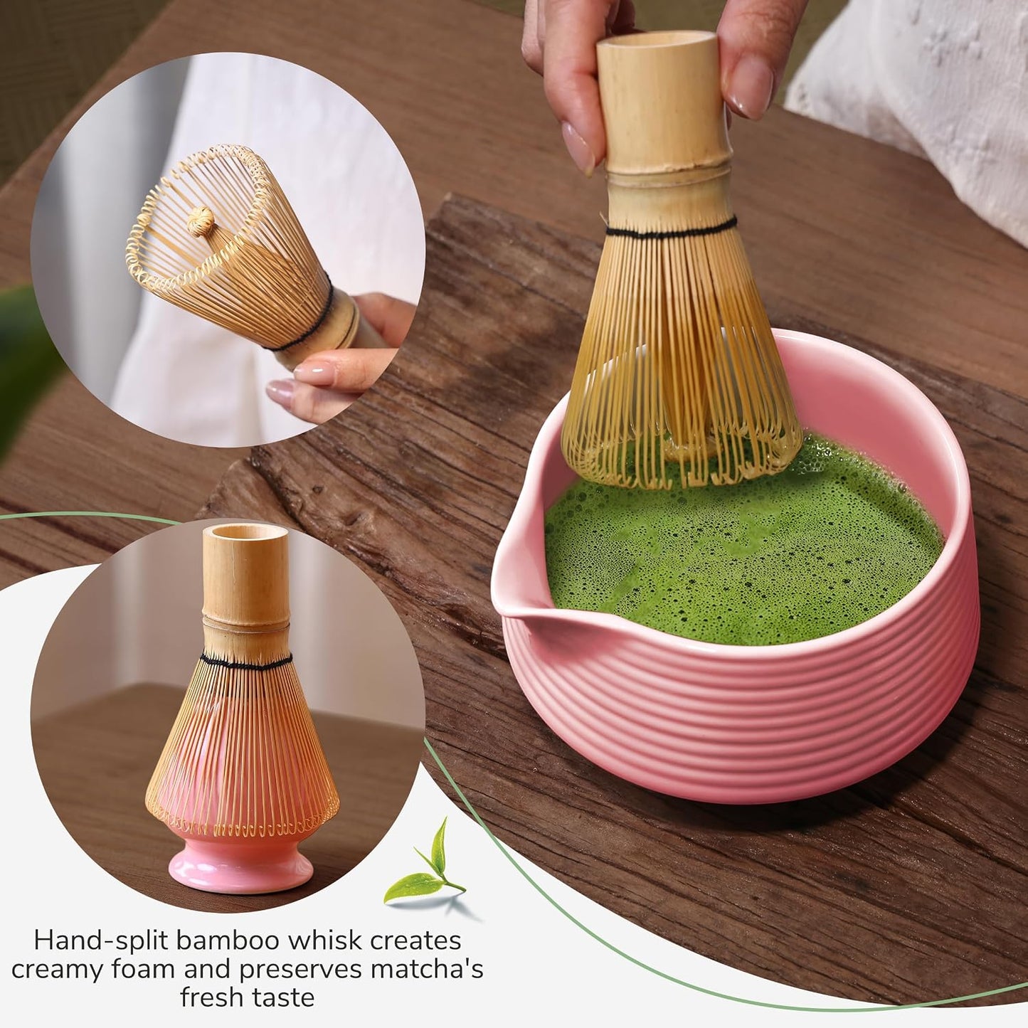 HELPLX Matcha Whisk Set, 10-Piece Japanese Matcha Kit with Bowl, Whisk & Holder, 2 Tea Cups, Bamboo Scoop, Spoon, Sifter, Scoop Rest & Tea Towel – Pink Matcha Tea Set for Ceremony or Daily Use