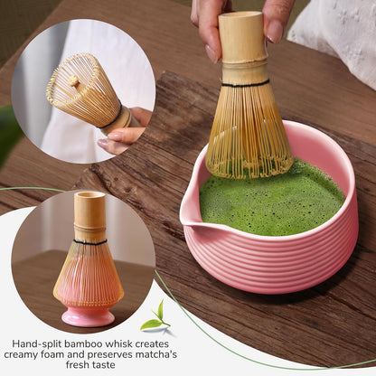 HELPLX Matcha Whisk Set, 10-Piece Japanese Matcha Kit with Bowl, Whisk & Holder, 2 Tea Cups, Bamboo Scoop, Spoon, Sifter, Scoop Rest & Tea Towel – Pink Matcha Tea Set for Ceremony or Daily Use
