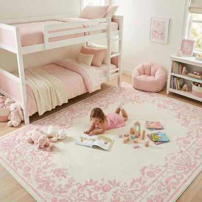 Garvee Rugs for Girls Bedroom Washable 5x7 Area Rug for Nursery Room, Non Slip Soft Low-Pile French Retro Floral Accent Throw Carpet for College Dorm Decor Kids Room Playroom, Pink