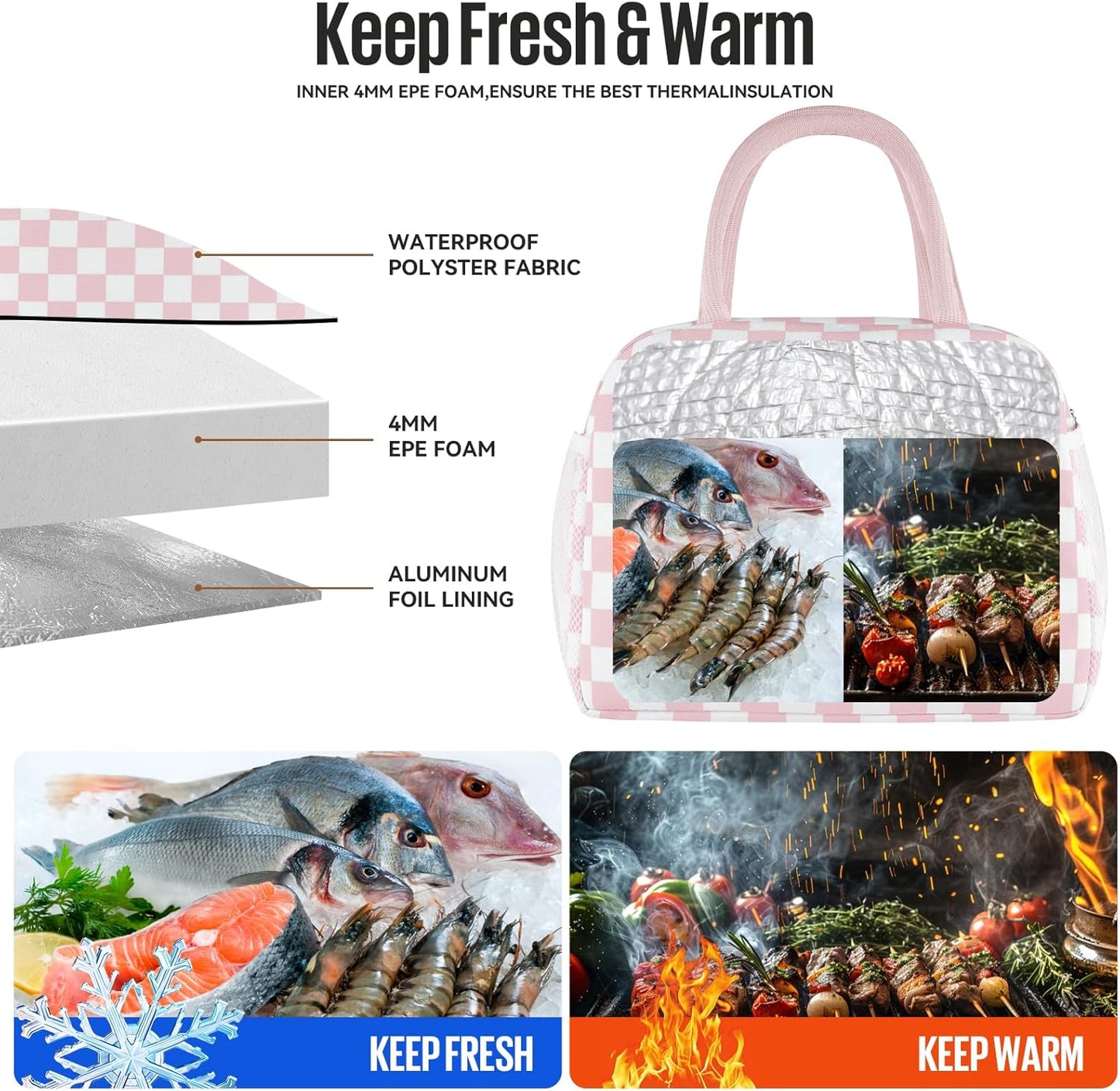 douyadady Lunch Bag Women/Men Lunch Box Women/Men (Pink+White Checkerboard)
