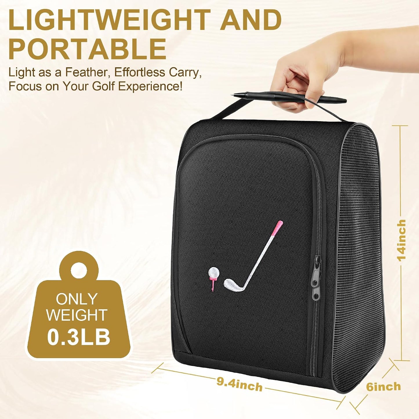 Golf Shoe Bag Gift for Women, Pink Golf Lover Gift, Waterproof Travel Shoes Carrier with Handle and Zipper with Ventilated Mesh, Lightweight Portable Golf Accessories Pouch Bag for Gym Sports Outdoor