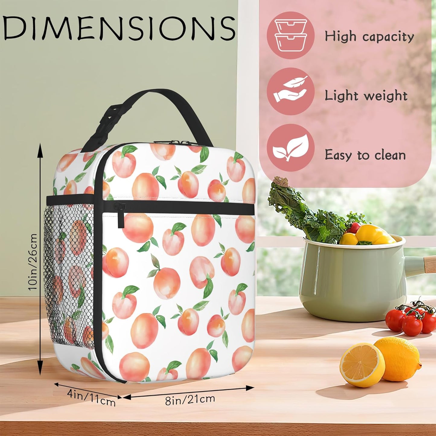 Pink Peach Kids Lunch Bag, Insulated Lunch Box for Girls Boys, Reusable School Lunch Tote with Zipper and Side Pocket for Snacks, Bento and Drinks