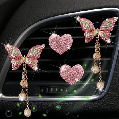 Pink Heart & Butterfly Air Vent Clips, 4 Pcs Bling Heart & Butterfly Air Fresheners Vents Clips Diamond Car Interior Decor Bling Cute Pink Car Accessories Decoration for Women + Heart Mask Hook