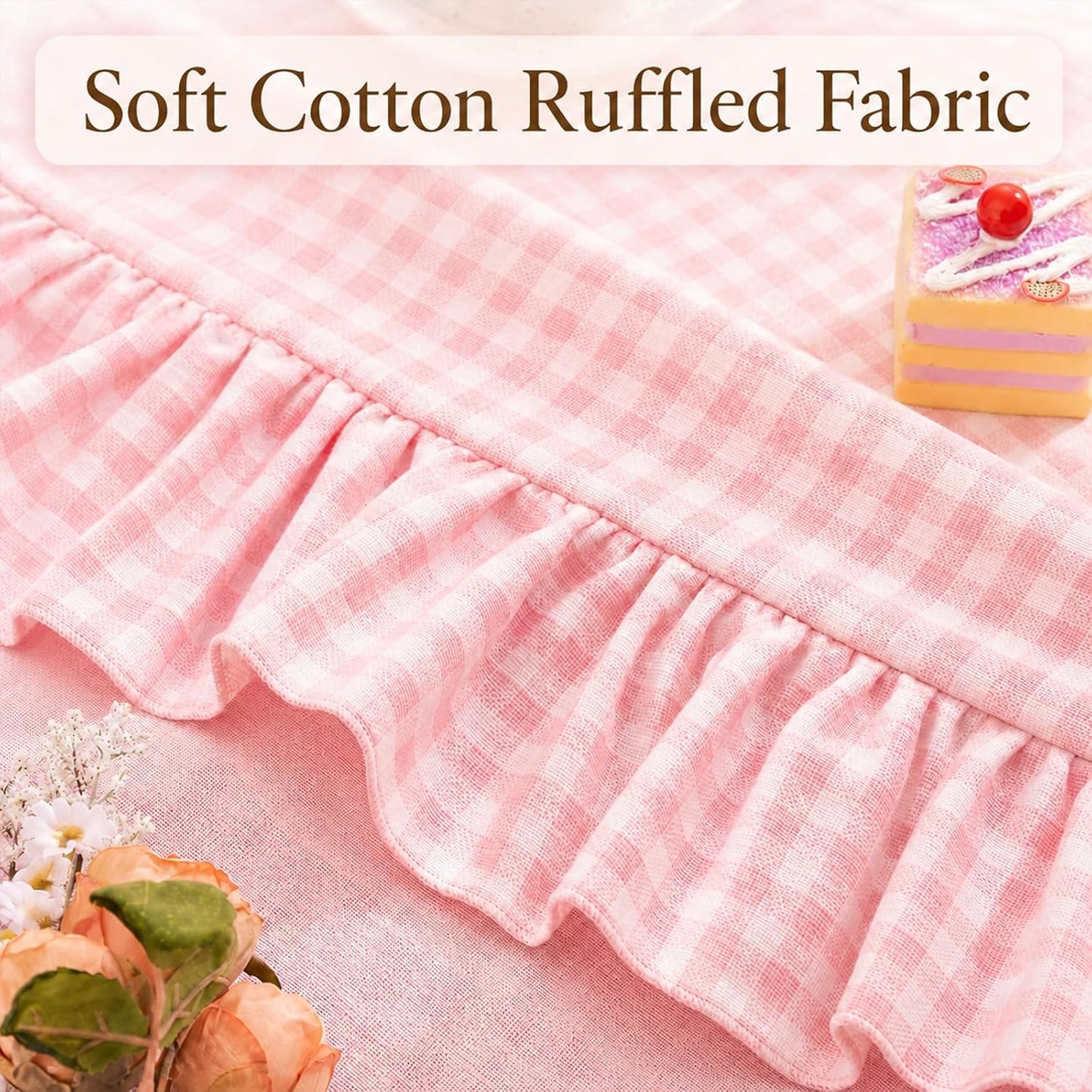 Pink White Gingham Ruffled Tablecloth Rectangle 55" x 70" Farmhouse Cotton Plaid Table Cloth with Short Ruffle, Checker Table Cover for Boho Dining Room Kitchen Picnic Home Party Decoration