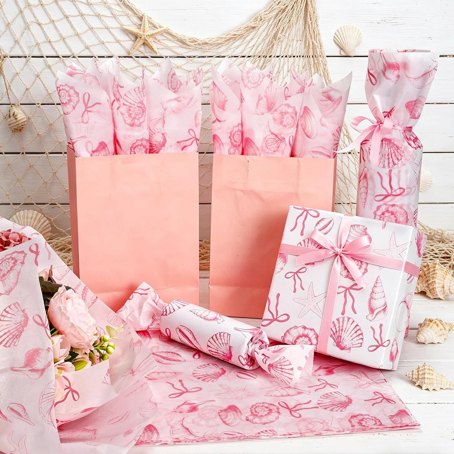 60 Sheets Pink Shell Themed Tissue Paper, 20 x 14 Inches, Premium Decorative Tissue Paper for Gift Wrapping, DIY Crafts, Beach Theme Party, Birthday, Baby Shower & Holiday Decor