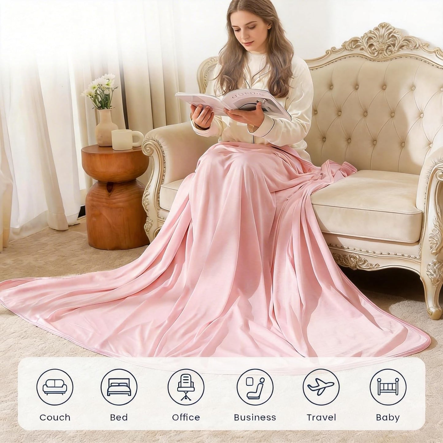 Cooling Blanket for Hot Sleepers, Summer Cold Throw for Hot Flashes or Night Sweats, Q-Max>0.4 Cool Fiber for Bed Couch, Lightweight, Comfort, Double Side, Queen Size, 79x86 in, Pink