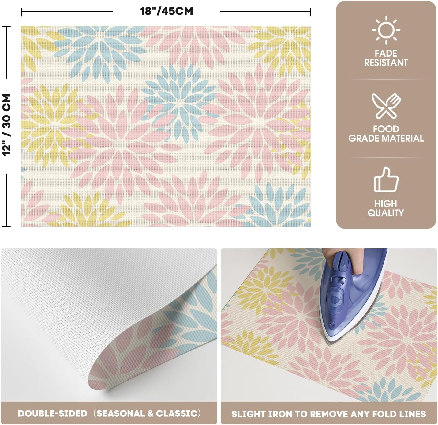 Artoid Mode Floral Vinyl Plastic Placemats Set of 4, 12x18 Inch Washable Non-Slip PVC Place Mats for Party Kitchen Dining Decor, Pink