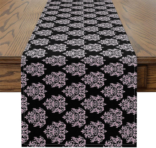Pink Damask Table Runner Luxurious Elegant Flower Pattern Table Runners for Kitchen Dining Room European Baroque Rococo Style Dresser Runners for Home Party Decor 60x13 Inch