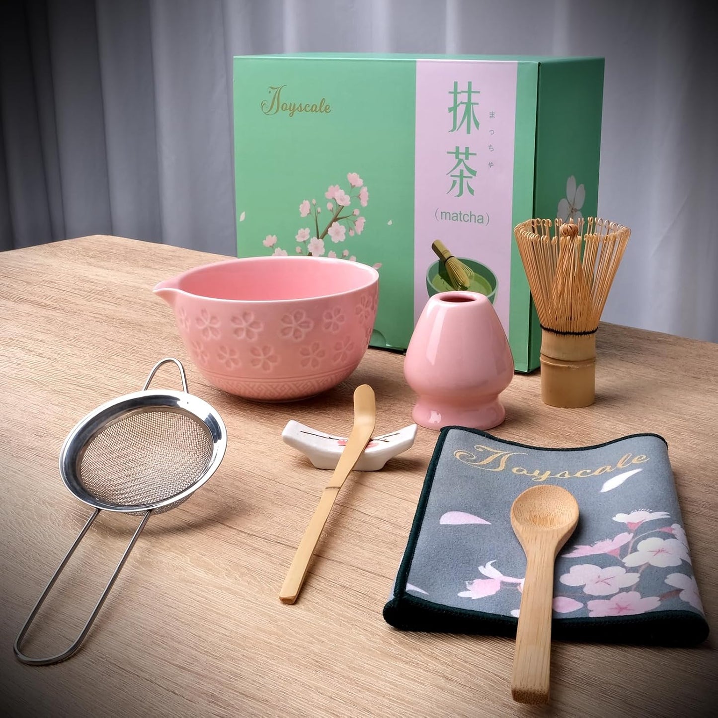 Joyscale Matcha Whisk Set, Matcha Set Whisk And Bowl, 8 Pcs Matcha Kit Set(Wide Cherry Blossom Design), 14 OZ, Japanese Matcha Tea Set, Matcha Making Kit Gifts for Tea Lovers(Pink)