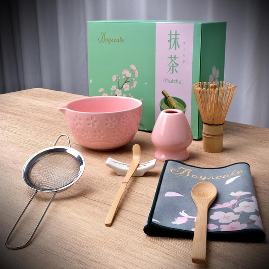 Joyscale Matcha Whisk Set, Matcha Set Whisk And Bowl, 8 Pcs Matcha Kit Set(Wide Cherry Blossom Design), 14 OZ, Japanese Matcha Tea Set, Matcha Making Kit Gifts for Tea Lovers(Pink)