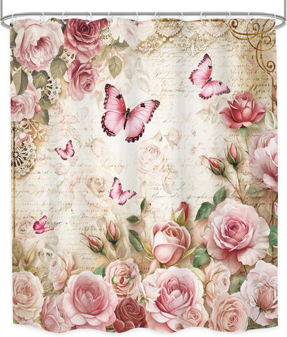 Rustic Pink Rose Butterfly Shower Curtain Bathroom Set 60Wx71H Inches Floral Peony Green Leaves Plant Text Background Bath Accessories Botanical Botany Art Home Decor Fabric 12 Pack Hooks