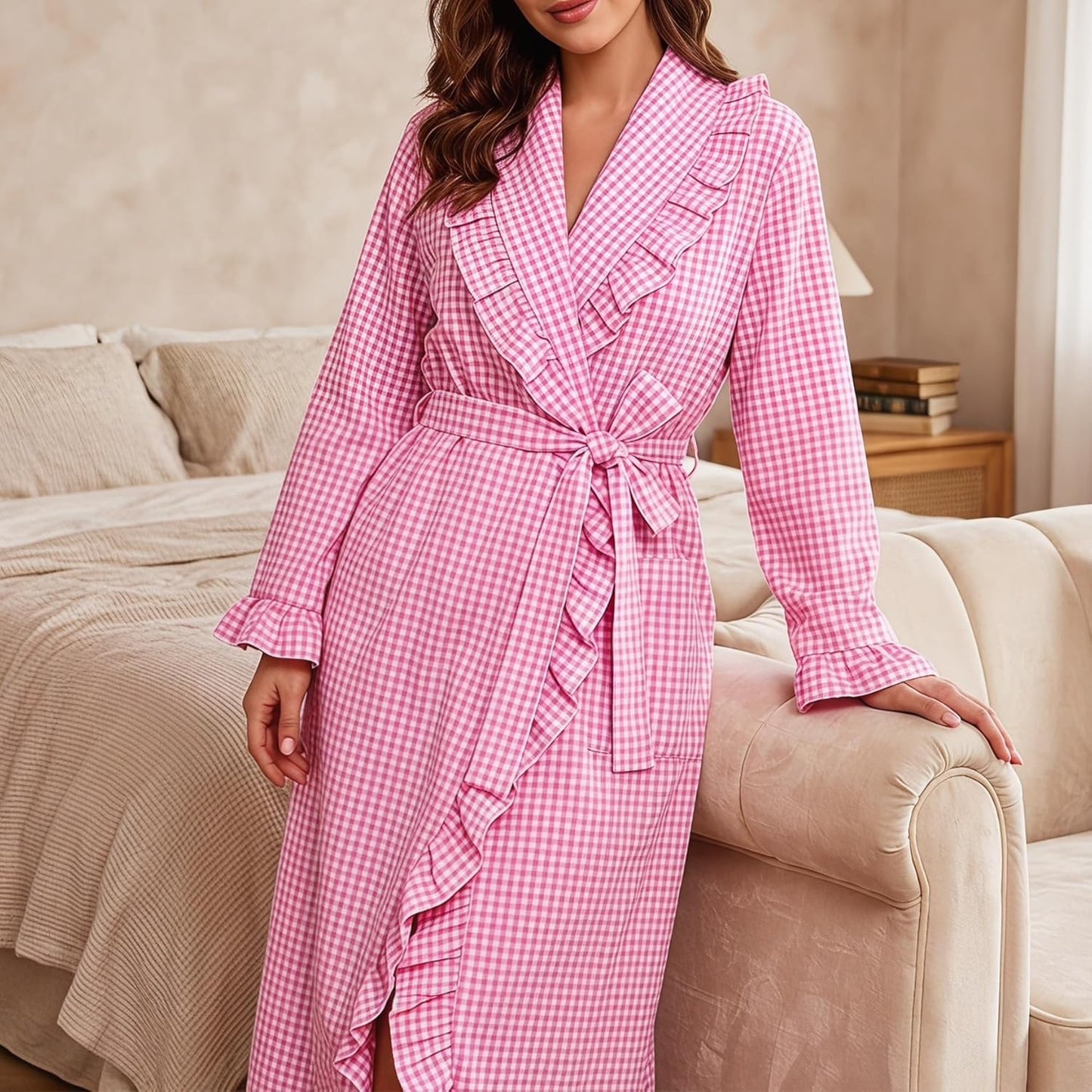 Womens Cotton Gingham Robe Long Sleeve Ruffle Trim Robe Plaid Bathrobe Lightweight Plaid Loungewear Sleepwear
