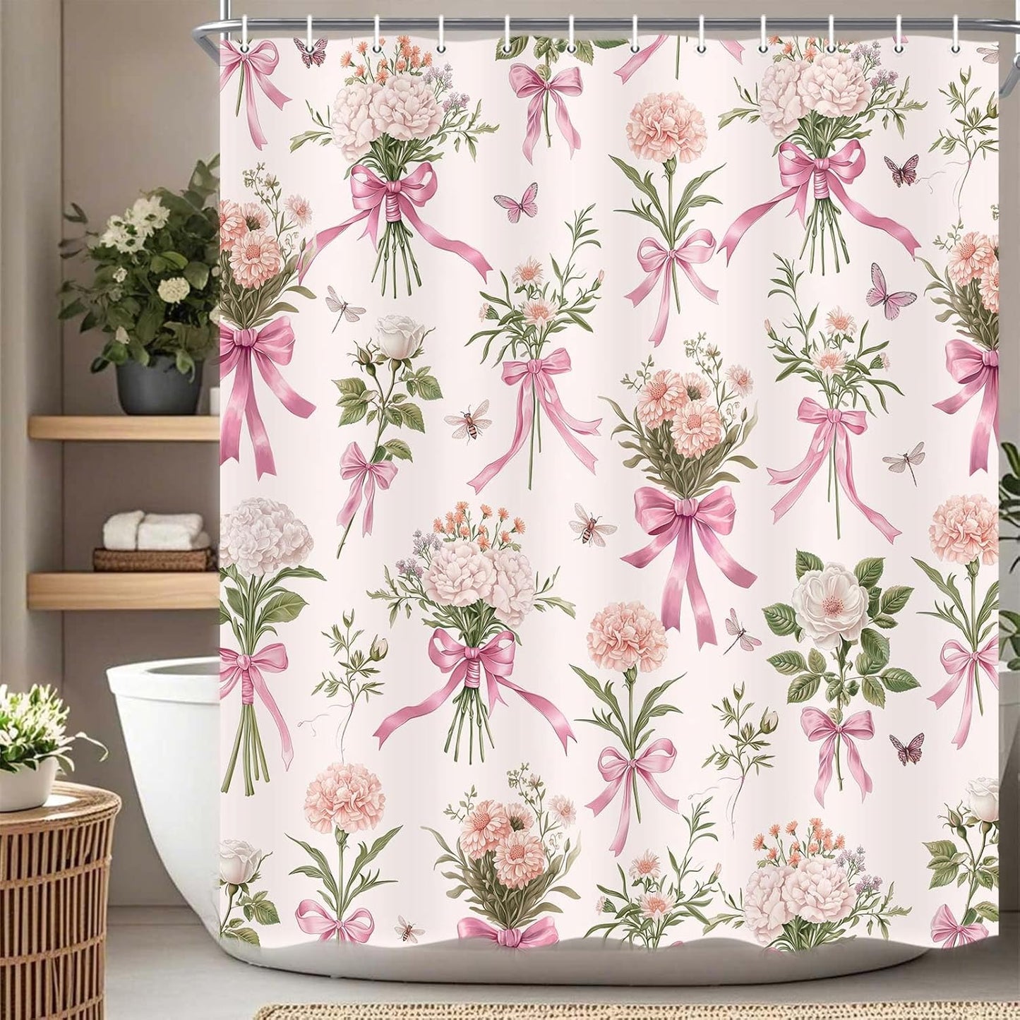 Boho Floral Shower Curtain Pink Bow Wildflower Shower Curtain, Elegant Botanical Floral Leaf Bathroom Decor Flower Plants Bath Curtains, Waterproof Farmhouse Bathroom Curtains, Pink-1 69X70 Inch