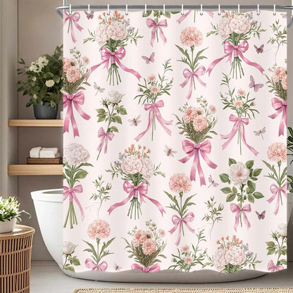Boho Floral Shower Curtain Pink Bow Wildflower Shower Curtain, Elegant Botanical Floral Leaf Bathroom Decor Flower Plants Bath Curtains, Waterproof Farmhouse Bathroom Curtains, Pink-1 69X70 Inch