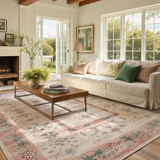 jinchan Area Rug 8x10 Washable Rug, Vintage Floral Living Room Carpet Non Slip Home Decor Rugs, Low-Pile Carpet for Bathroom Entrance Bedroom Office Farmhouse and Dining Table (Dusty Pink)