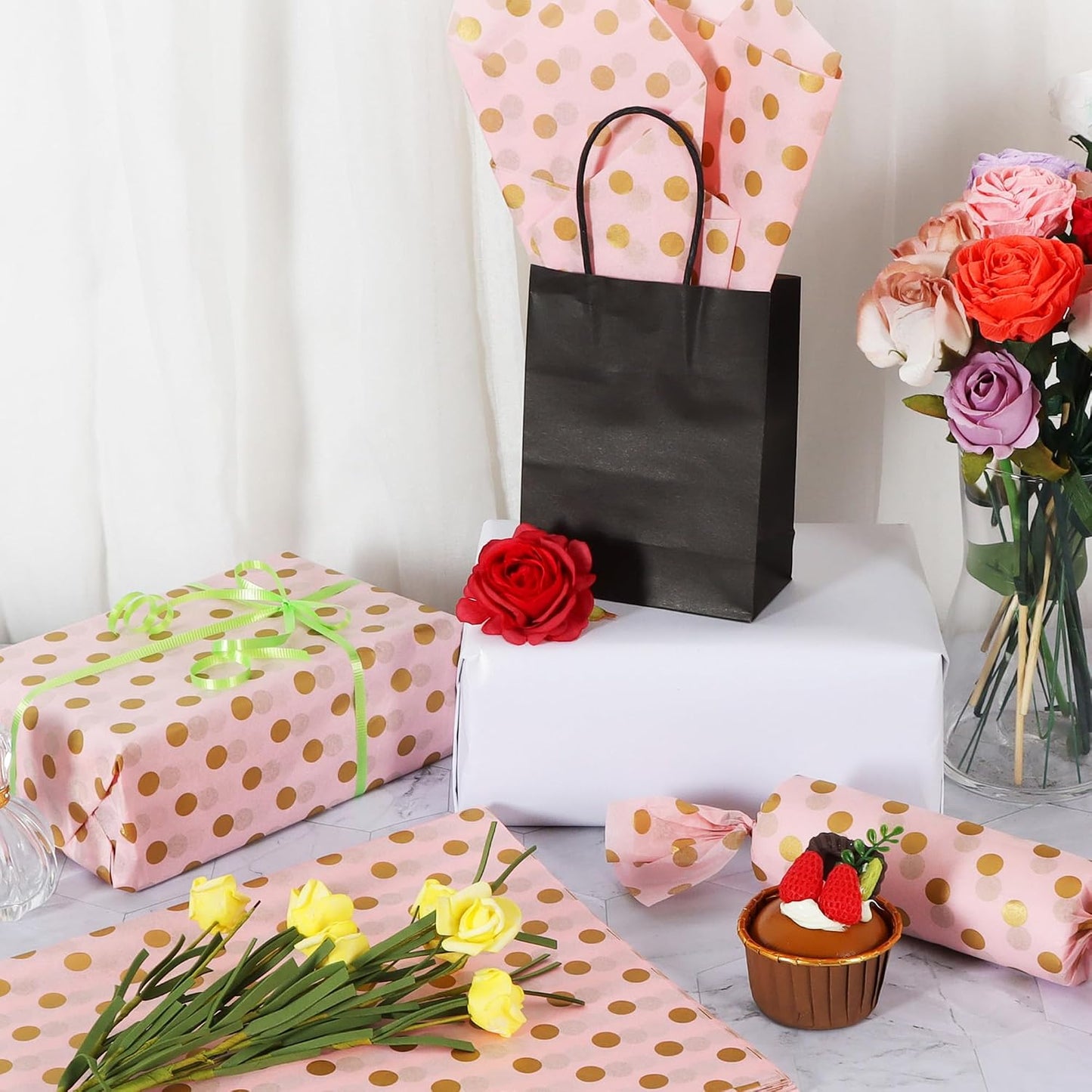 BEISHIDA Pink and Gold Tissue Paper Bulk, Polka Dot Wrapping Tissue Paper for Gift Bags, 14 x 20 Inch Gift Wrap for Christmas Birthday Wedding Graduation DIY Crafts Holiday Flowers,50 Sheets