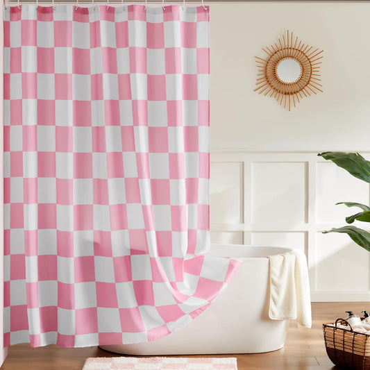 Ohocut Checkered Shower Curtain, Pink Shower Curtains for Bathroom, Cute Retro Checkboard Shower Curtain Vintage Aesthetic, Washable Fabric Bath Curtain 72''x72''
