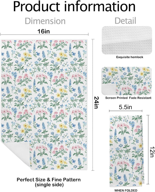 Pastel Pink and Blue Floral Grandmillenial Kitchen Towels, Spring Cottagecore Wildflower Botanical Decorative Dish Hand Tea Towels for Bathroom Kitchen, 16x24 Inch Set of 2