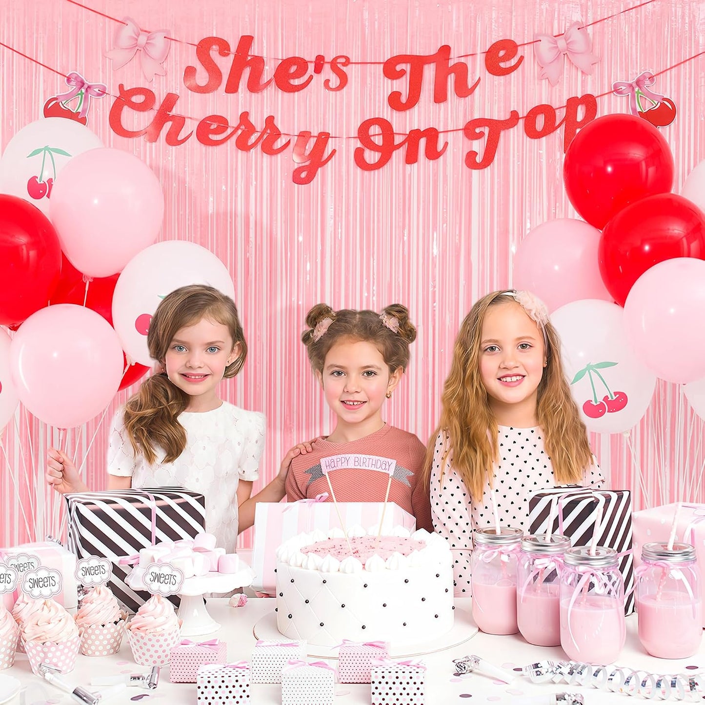 21pcs She's the Cherry on Top Baby Shower, She's the Cherry on Top Backdrop, Pink Birthday Party Decorations, Fringe Curtains with Bow Banner and Cherry Balloons, Girls Birthday Decoration