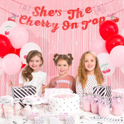 21pcs She's the Cherry on Top Baby Shower, She's the Cherry on Top Backdrop, Pink Birthday Party Decorations, Fringe Curtains with Bow Banner and Cherry Balloons, Girls Birthday Decoration