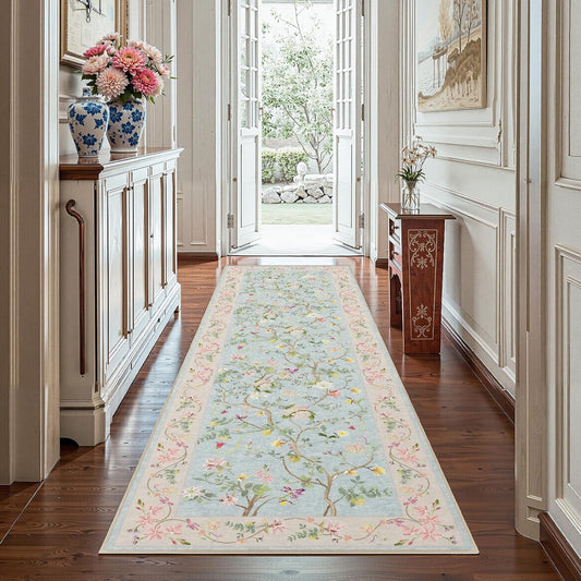 jinchan Floraison Rug Runner 3x10 Floral Netural Machine Washable Rugs Non Slip Indoor Floor Cover Soft Chinoiserie Long Modern Carpet for Hallway Bedroom Dining Room Kitchen Blue/Pink