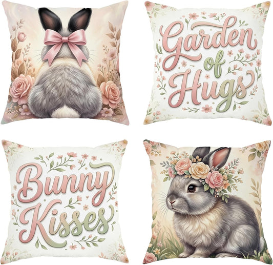 Rabbit Throw Pillow Covers Set of 4, Spring Fanciful Bow Flowers Spring Pastel Peach with Hidden Zipper Decorative Pillow Cases for Living Room Bedroom Loft Office Car Decor 16x16 Inch