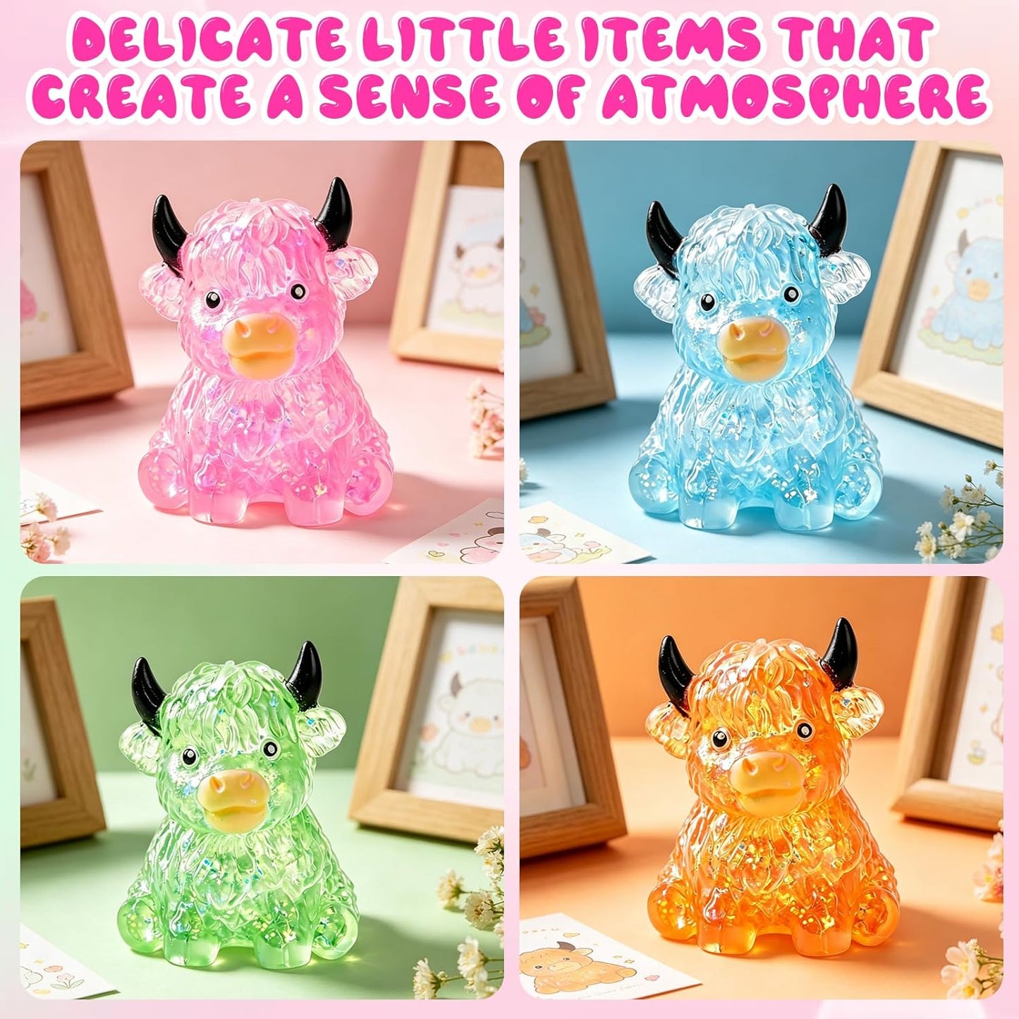 Glitter Highland Cow Squishies Fidget, Glitter Slow Rising Stress Ball for Adults, Soft Sensory Desk Decor,Cow Lover Gift (Pink)