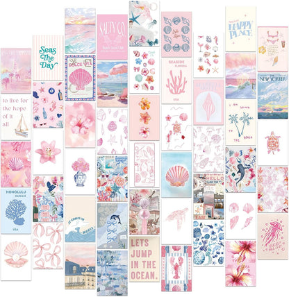FYSUIMU 50Pcs Coastal Wall Collage Kit Pink Blue Coastal Beach Seashell Art Print Preppy Room Decor Aesthetic Pictures for Bedroom Wall Dorm Home Decor, 4 x 6 Inch
