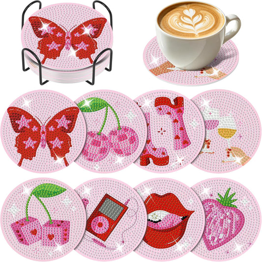 Fountor 8PCS Pink Diamond Art Coasters Kit with Holder, Disco Diamond Painting Coasters for Adults Beginners, Non Slip Drink Coaster with Cork Pads, Relaxing Craft Kit for Home Decor Gifts 4x4 Inch
