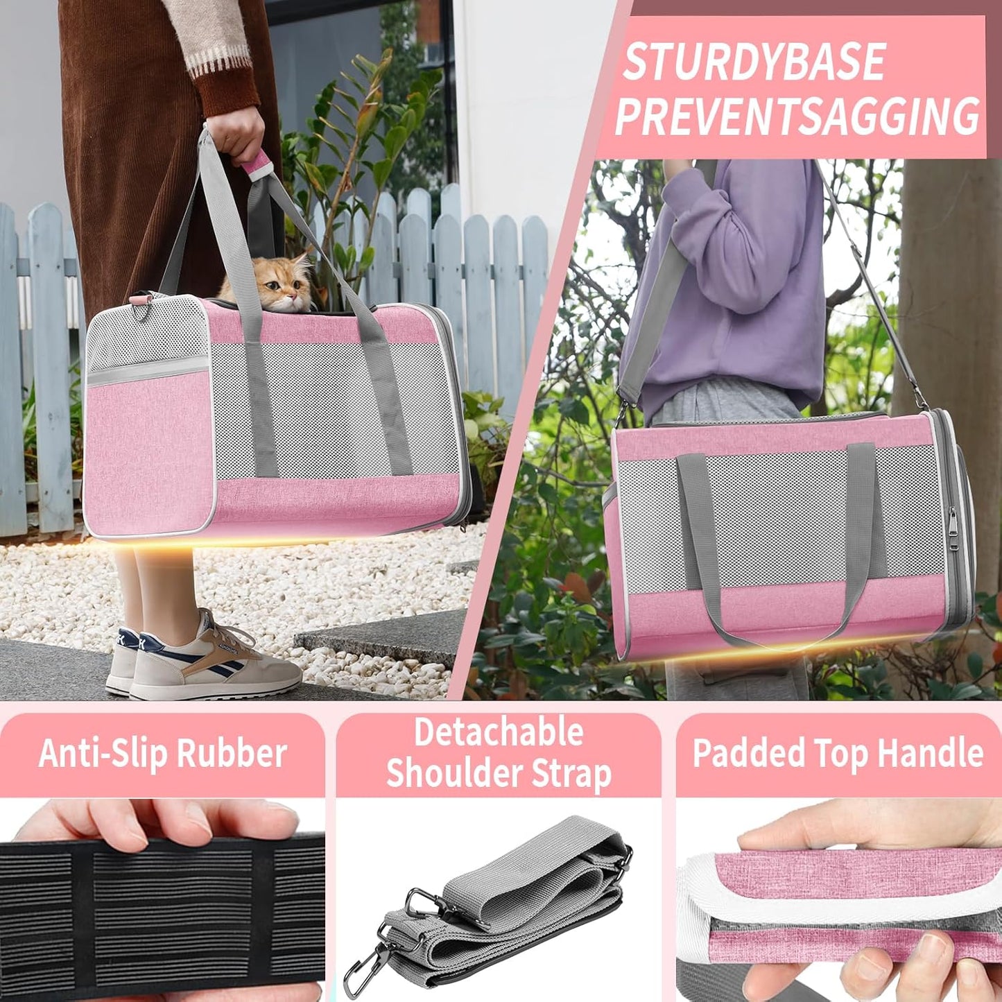 GAPZER Cat Carrier 20lbs Top Open/Soft Sided Small Pet Dog Travel Carrying Crate/Collapsible Puppy Transport Carry Bag/Sturdy Pet Cages Chihuahuas Mini Dog 10lbs Pink