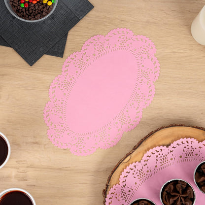 Restaurantware-Pastry Tek 12.5 x 8.5 Inch Paper Lace Doilies, 100 Oval Disposable Table Doilies - Elegant Lace Finish, Long Lasting, Pink Paper Lace Doilies, for Pastries, Cupcakes, Desserts