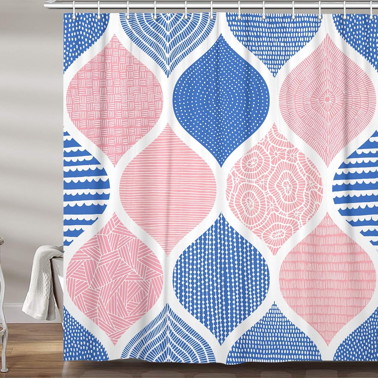 JAWO Blue and Pink Shower Curtain for Bathroom, Light Blue White Dark Pink Bohemian Chic Geometric Pattern Fabric Shower Curtains Set, Modern Paisley Restroom Decor Accessories with Hooks 72X75Inches