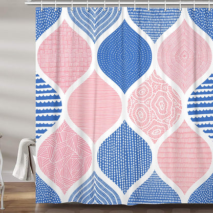 JAWO Blue and Pink Shower Curtain for Bathroom, Light Blue White Dark Pink Bohemian Chic Geometric Pattern Fabric Shower Curtains Set, Modern Paisley Restroom Decor Accessories with Hooks 72X75Inches