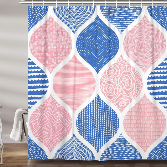 JAWO Blue and Pink Shower Curtain for Bathroom, Light Blue White Dark Pink Bohemian Chic Geometric Pattern Fabric Shower Curtains Set, Modern Paisley Restroom Decor Accessories with Hooks 72X75Inches