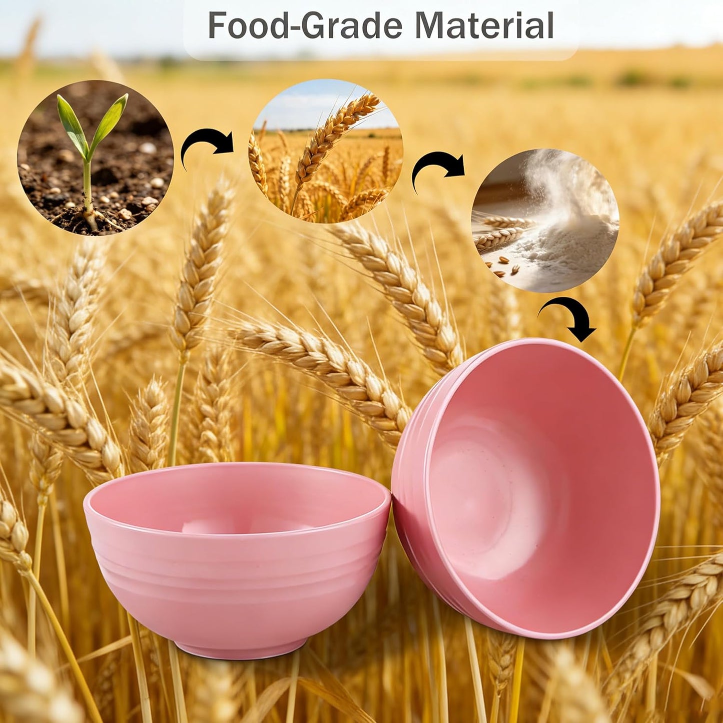 Set of 6 Wheat Straw Bowls, Unbreakable Cereal Bowls, 685ml Capacity, Microwave and Dishwasher Safe, Lightweight, Stackable Salad Bowls for the Kitchen (Pink)