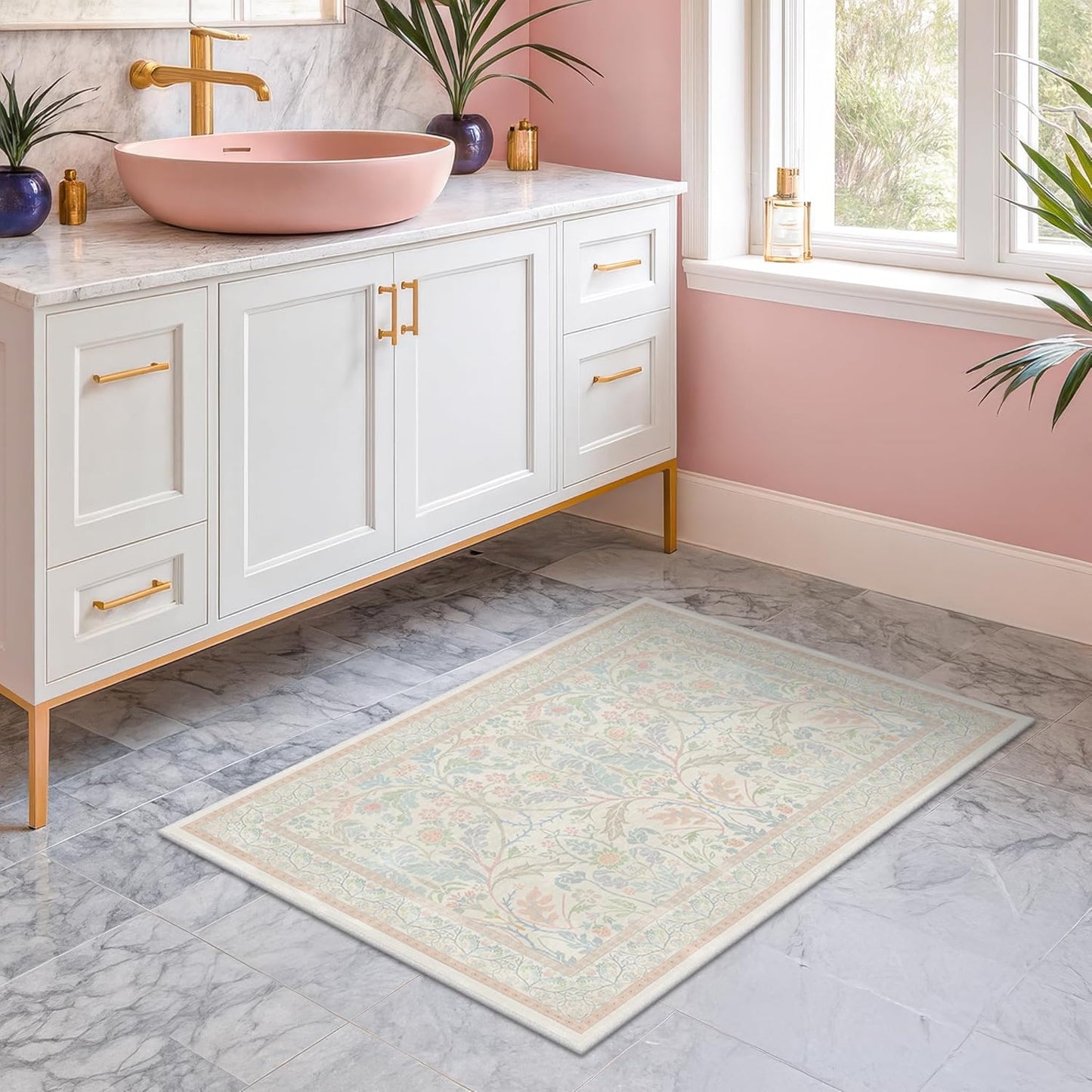 Light Pink Area Rug 2x3 Non Slip Washable, Ultra Soft Small Throw Rugs for Bedroom Girls, Thin Bathroom Rugs Fit Under Door, Powder Room, Low Pile Floral French Country Carpet for Mudroom, Kitchen