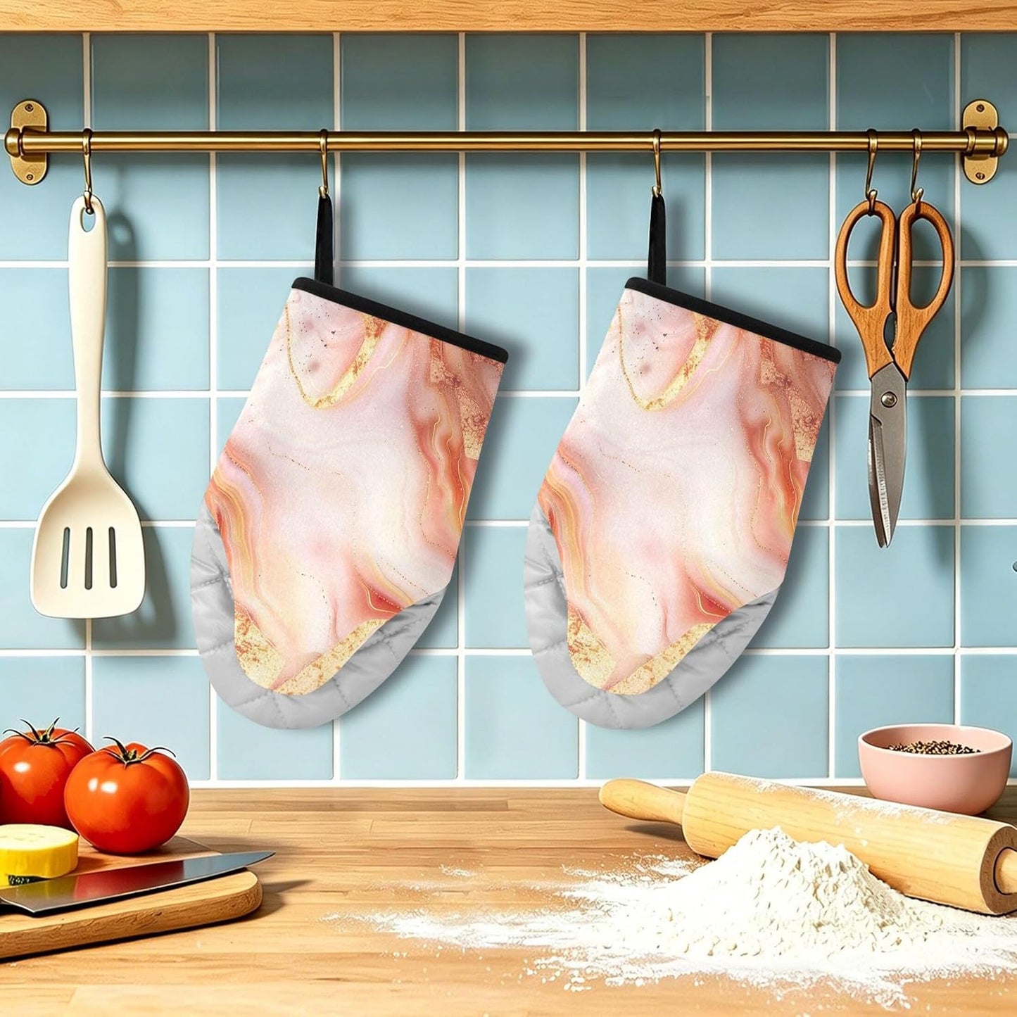 Qilmy Rose Gold Marble Oven Mitts 400F Heat Resistant, Cotton Kitchen Gloves for Baking BBQ, 9.5x5.7in, 1 Pair with Hanging Loop