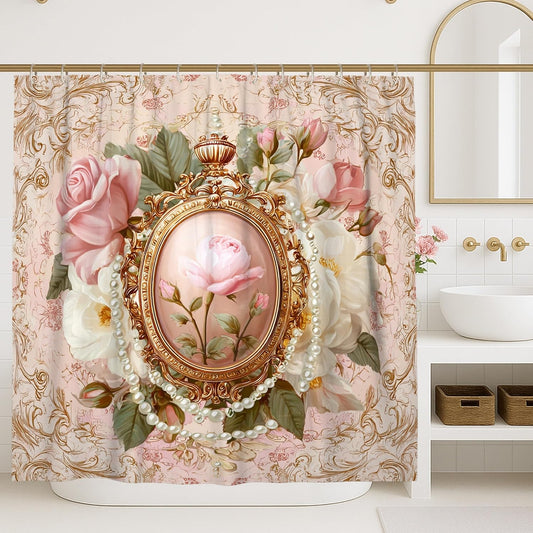 Rose Shower Curtain, Vintage Elegant Pearl Frame Spring Peach Waterproof Fabric Toile Cloth Shower Curtains for Bathroom Toile Guest Room Decor 72x78 Inch