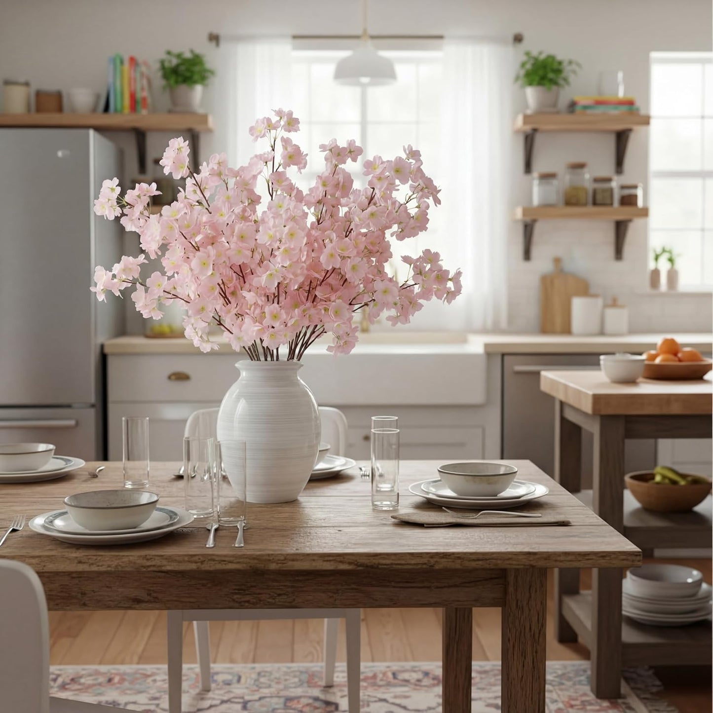 Daifunli 6 Pcs Artificial Cherry Blossom Branches Silk Fake Cherry Blossom Flowers 43 Inch Faux Stems for Spring Home Decor, Table Centerpieces, Wedding Bouquets(Light Pink,Classic)