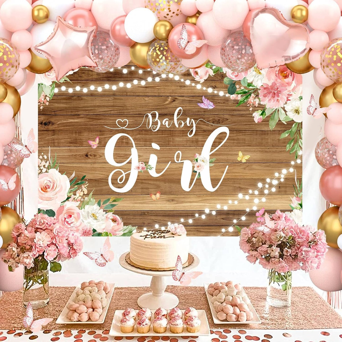 Baby Shower Decorations for Girl - Rose Gold Retro Blush Pink Balloon Arch Garland Kit Baby Boxes Backdrop for Butterfly Baby Shower Decor Girl Birthday Party Supplies