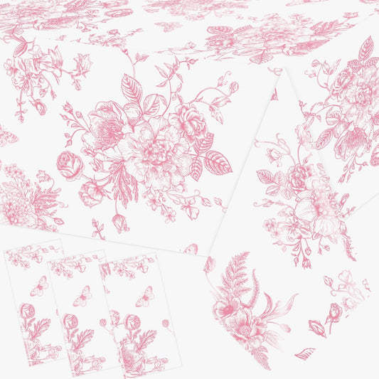 3Pcs Pink Floral Tablecloth, 52 x 87 Inch Vintage Flower Table Cover, Rectangle Floral Table Cover, Pink and White Porcelain Tablecloth for Spring Tea Wedding Shower Birthday Party