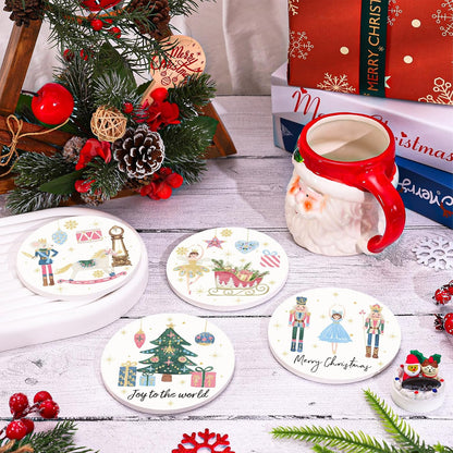 Whaline 4Pcs Christmas Ceramic Coasters Drink Coasters Nutcracker Xmas Winter Absorbent Cup Mat for Holiday Home Kitchen Party Table Decor