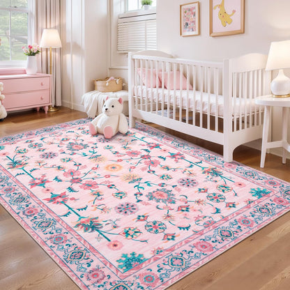 Tangsoo Pink Rug for Bedroom Girl Nursery 5x7, Washable Non Slip Cute Floral Rug for College, Soft Low Pile Carpet for Living Room Teen Coquette Room Loveshackfancy Decor Alfombra Kids Baby Playroom